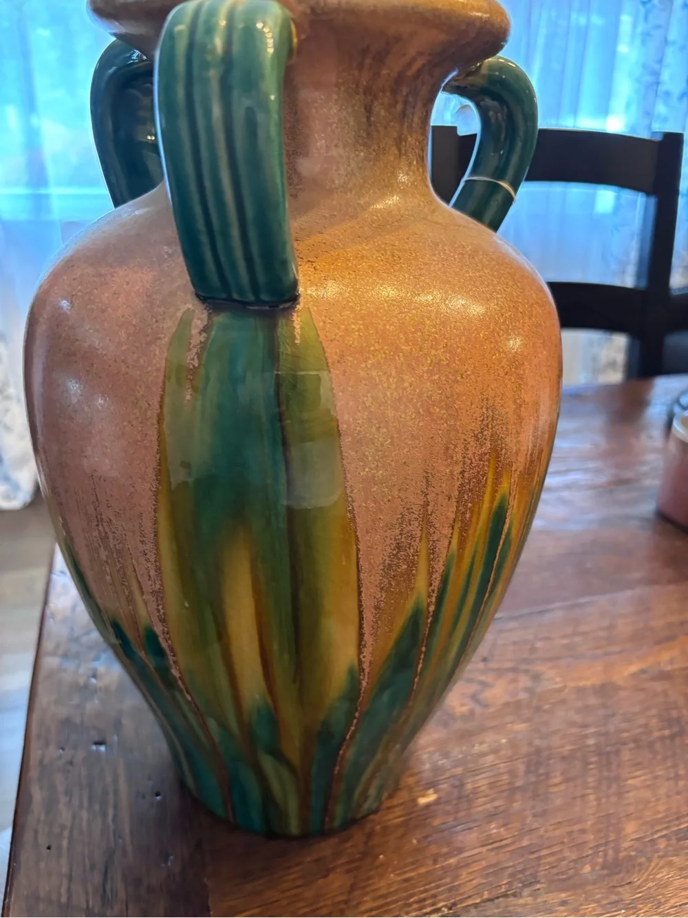 Pier 1 Handcrafted Ceramic Urn Vase with Green Drip Accents